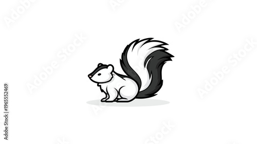 Cute cartoon skunk illustration with black and white fur, sitting pose, isolated on white background. Adorable wild animal drawing.