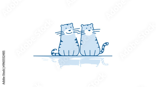Cute cartoon blue striped cats sitting together, simple illustrative design for friendship and companionship concepts on white background