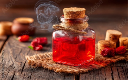 Red Potion Bottle with Cork and Smoke on Rustic Wood