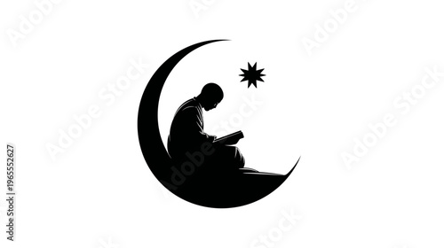 Islamic prayer silhouette with a person reading a holy book within a crescent moon and star symbol, representing devotion and spirituality.