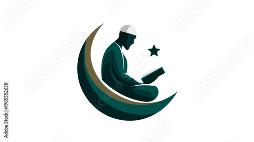 Islamic spirituality concept vector illustration: Muslim man reading holy book on crescent moon with star symbol