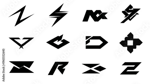 Modern minimalist abstract geometric shapes set. Angular black symbols for tech logos, branding, and graphic design elements.