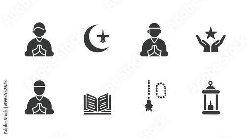 Islamic Religion Glyph Icons Set: Muslim Prayer, Quran, Crescent Moon, Tasbih, and Ramadan Lantern Symbols