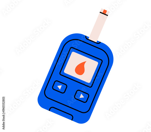 Hand drawn cute illustration of glucometer. Flat vector blood sugar measurement medical device doodle. Health care glucose control sticker, icon. Diabetes monitoring portable test. Isolated.