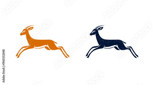 Abstract Gazelle Silhouette Set: Leaping Antelope in Orange and Blue with Textured Finish