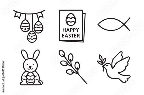 Easter themed line art icons depicting springtime symbols and greetings