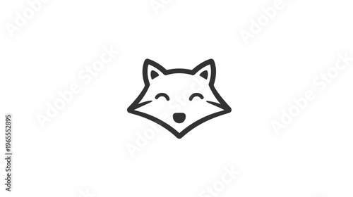 Cute minimalist line art fox head illustration. Simple happy wild animal character drawing, black and white icon or logo design element.