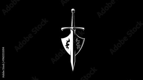 Stylized White Sword and Shield Emblem on Black Background. Medieval Fantasy Logo Illustrating Strength, Protection, and Valor.