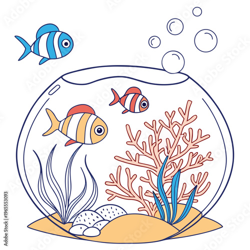 Goldfish bowl aquarium with coral and plants illustration with simple line art