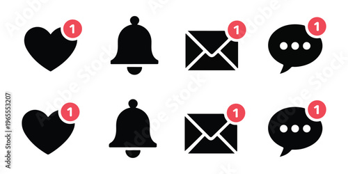 Communication and alert notification icons collection including heart bell mail and chat symbols with badges.