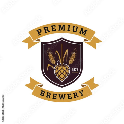 Premium brewery shield logo featuring hops and ribbon banners.