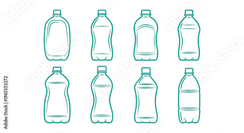 Vector graphic illustration of various plastic bottle designs and shapes in teal outline