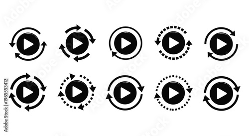 Play button icons with circular arrows for looping media playback in vector graphic designs