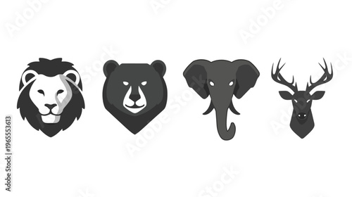 Set of minimalist black and white animal head icons: majestic lion, powerful bear, wise elephant, and elegant deer. Modern vector graphics for design projects.
