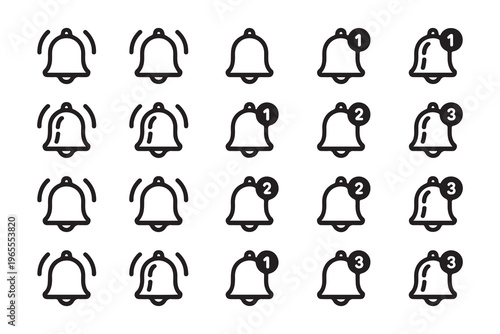 Notification bell vector icons set showing various states of alerts including unread messages and ringing status.