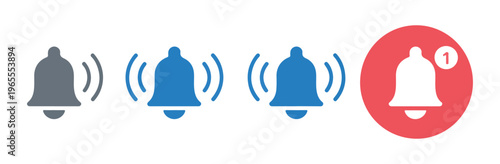 Bell notification icon set showing various states including a new message with a red badge.