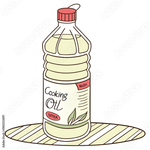 Large bottle of cooking oil on striped mat with vegetable oil with plastic bottl