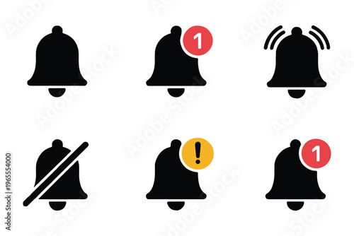 Collection of bell icons showing notifications alerts and silent mode with badge and warning symbols.
