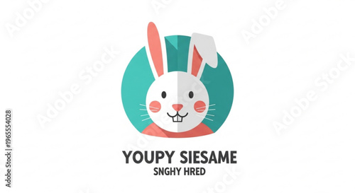 Cartoon bunny face with rosy cheeks smiling on teal background with text