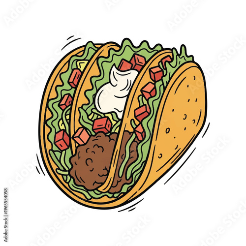 Colorful Mexican tacos filled with beef, lettuce, tomato, cheese and crema in a playful illustration.