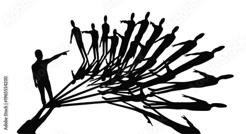 Silhouette of people following leader, crowd and social influence concept