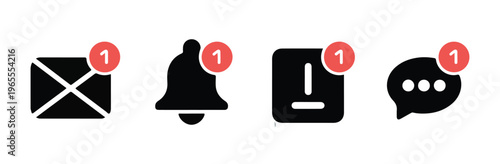 Set of black social media notification icons including envelope bell document and speech bubble with red badge.