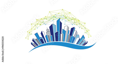 Smart City Infrastructure Concept with Digital Connectivity Network Mesh and Modern Urban Skyscrapers Vector Illustration