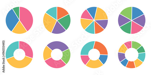 Pie chart icon set featuring colorful circle section graphs, infographic elements, and round diagram illustrations, vector design for data visualization and statistics
