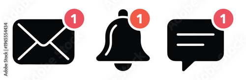 Notification alert icon collection featuring email bell and speech bubble with red count badge for interfaces.