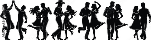 Collection of country dancing couple silhouettes, vintage western swing and rockabilly dancers set, flat vector illustration isolated on white.