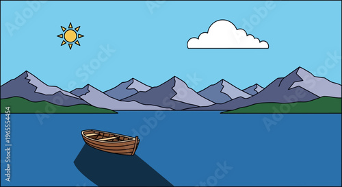 Flat Vector Illustration of a Wooden Rowboat on a Serene Mountain Lake under a Sunny Sky