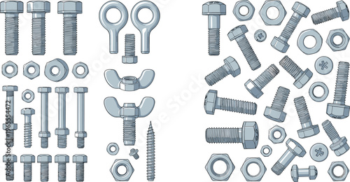 Bolts, Nuts and Screws Hardware Set with Different Fasteners Metal Engineering Parts Vector Illustration Collection for Mechanical and Construction Design