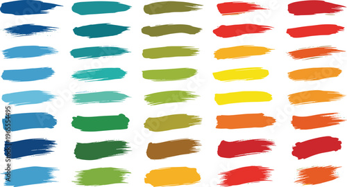 Colorful artistic brush strokes vector set, vibrant acrylic paint smears, creative grunge ink splatters for graphic design And decor
