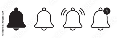 Set of black bell icons illustration, vector design element depicting notification, alarm, and alert states.