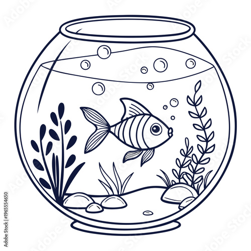 Cute fish in round glass bowl with plants and bubbles with a hand-drawn illustra