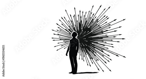 man facing exploding thoughts and ideas