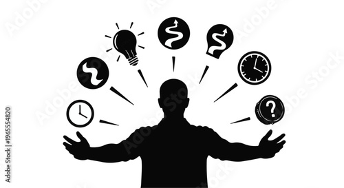 businessman with ideas and questions about money and time management