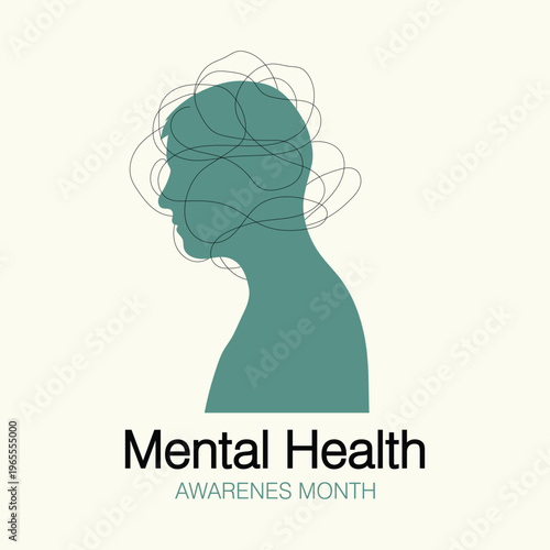 Mental Health Awareness Month Concept with Human Head and Brain Line Art