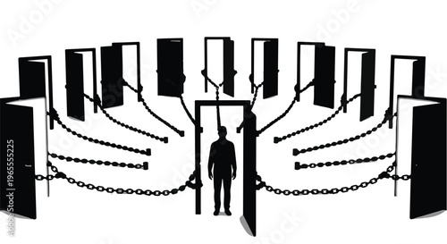 man standing in front of multiple doors with chains
