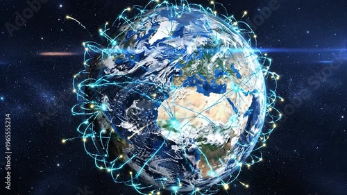 The planet is covered in a network of glowing lines and lights, symbolizing global connectivity and communication in the vastness of space