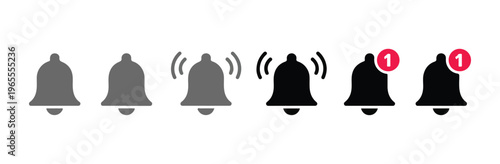 Bell notification icons set representing alert and message alerts with ringing and badge count variations.