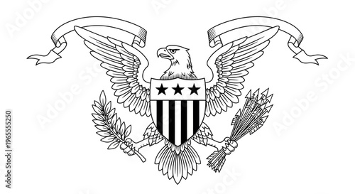 US Patriotic Heraldic Eagle Crest with Shield, Arrows, Olive Branch, and Blank Banner Ribbon Line Art Illustration