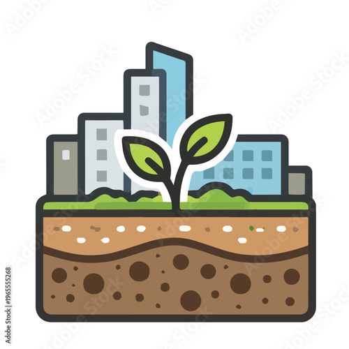 A vector icon with an ecology theme featuring urban buildings, plant symbols, and layered hands, expressing care for the Earth, sustainability, and environmental protection.