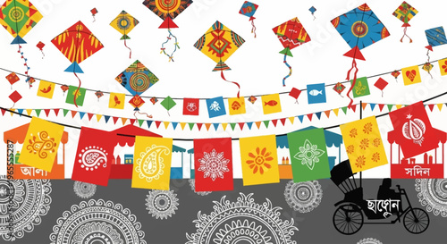 Vibrant illustration of a traditional Indian festival scene with colorful kites flying in a blue sky above decorative archways and festive banners.