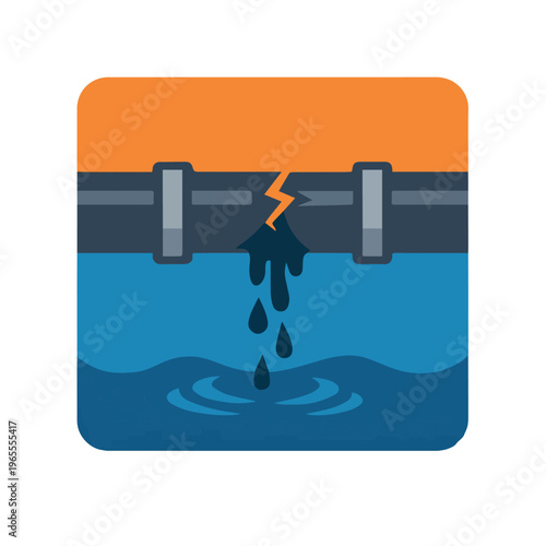 A vector illustration of a leaking pipe releasing industrial liquid waste, symbolizing environmental pollution, contamination, and the impact of industrial activities.