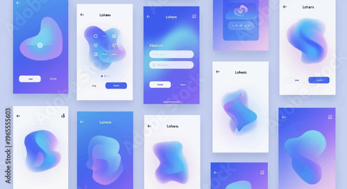 Collection of modern mobile app UI screens featuring abstract fluid gradient backgrounds and user interface elements.