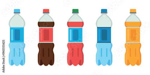 Water and soda bottle icons in plastic container style, representing mineral water, sweet soda, and fizzy drinks, vector illustration for products