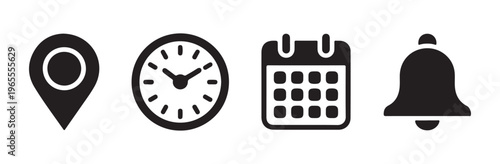Navigation and schedule icon collection featuring map pin analog clock calendar and notification bell symbol.