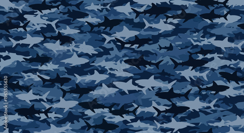Seamless Blue Shark Camouflage Pattern, Abstract Navy Oceanic Camo Background with Fish Silhouettes for Apparel and Marine Design