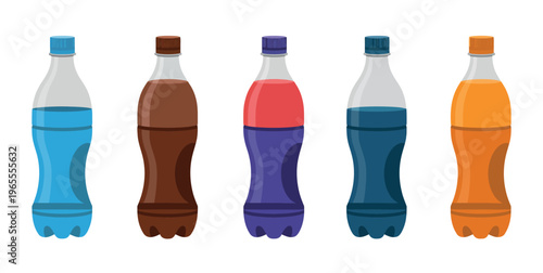 Plastic water bottle icon set featuring mineral water, sweet soda, and fizzy drink symbols, vector illustration for beverage, packaging, and product design